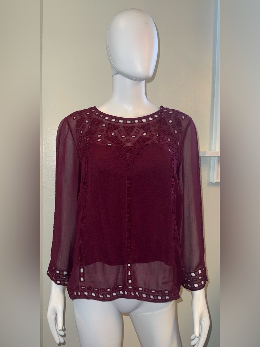 Joie Wine Lace-Inset Sheer Sleeve Blouse